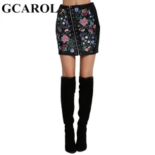GCAROL Euro Style Embroidered Floral Faux Leather font b Women b font font b Skirt b