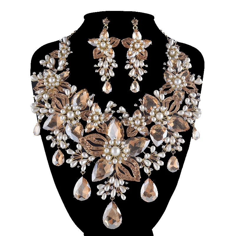 Bridal Jewelry Set Women Wedding Rhinestone pearl Necklace Earrings Set Champange color Teardrop flowers style statement Sets Bridal Jewelry Set Women Wedding Rhinestone pearl Necklace Earrings Set Champange color Teardrop flowers style statement Sets