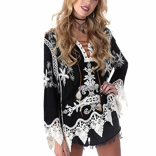 

2019 Vintage Ethnic Embroidery Geometric Crochet White Blouses Lace Up Boho Shirt Femme Summer Hollow Out V Neck Beach Tops