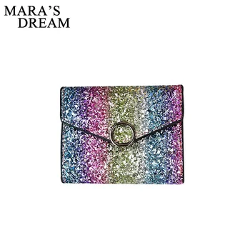

Mara's Dream 2018 New Sequins Clutch Purse PU Leather Mini Card Holders Bling Women Short Wallets Colorful Three Fold Purse
