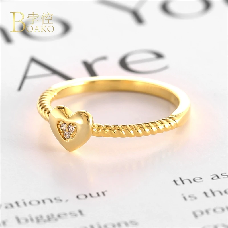 

BOAKO High Quality Dainty Ring Micro Paved Cubic Zirconia Heart Rings for Women CZ Stone Crystal Bague Jewelry Gift B3