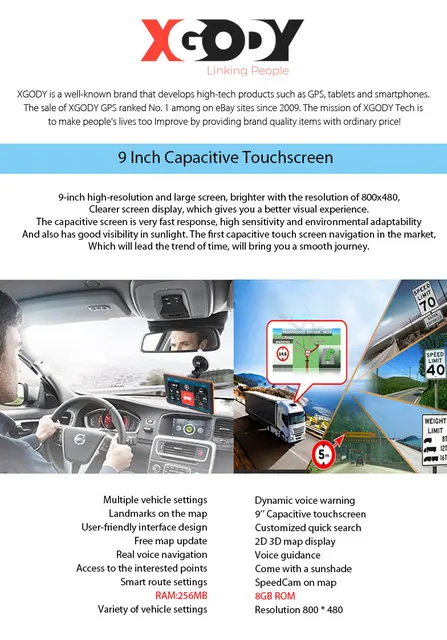 XGODY 9'' Truck Car GPS Navigation Bluetooth AVIN 256MB 8GB Rear.