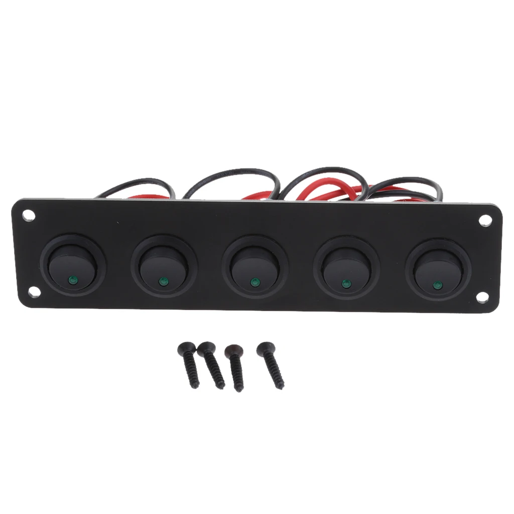 5-Gang Round ON/OFF Rocker Toggle Switch Panel LED Light 12V Aluminum Panel ABS Material Durable Waterproof