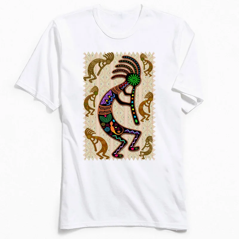 Tops Shirt Fitness Tight Autumn Wholesale Europe Short Sleeve 100% Cotton Crewneck Men's T Shirts Europe Tee-Shirt Kokopelli Rainbow Colors on Tribal Pattern white