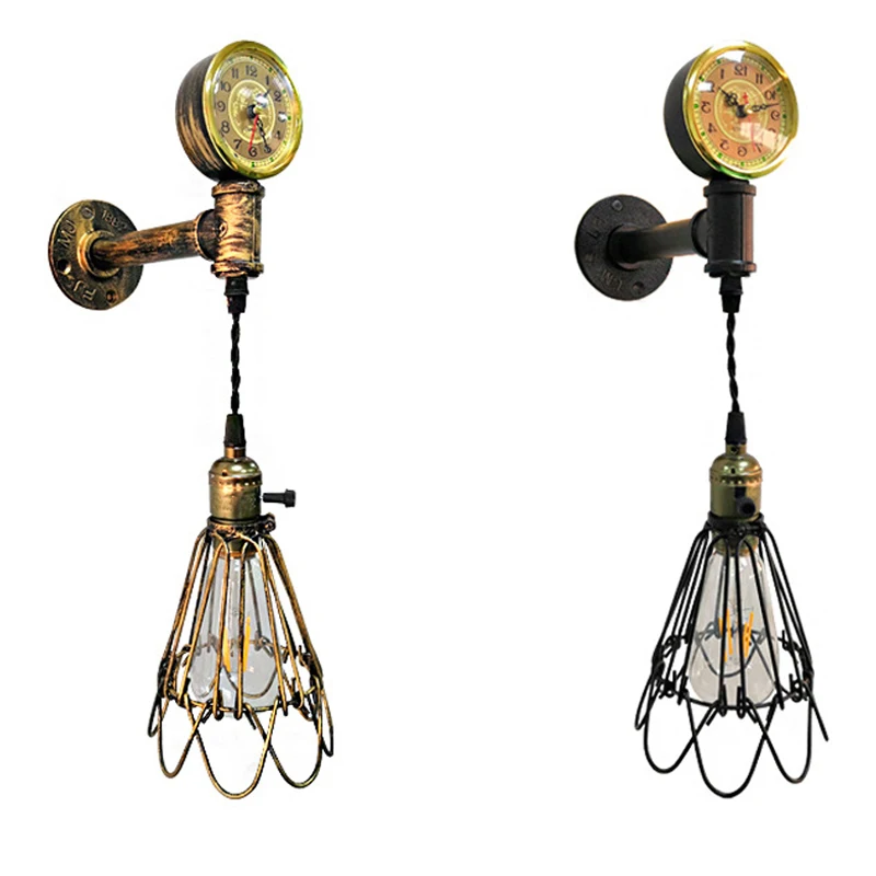 

Retro iron water pipe decoration with clock wall lamp personalized Creative Birdcage wall Light for Restaurant Bar Coffee Shop
