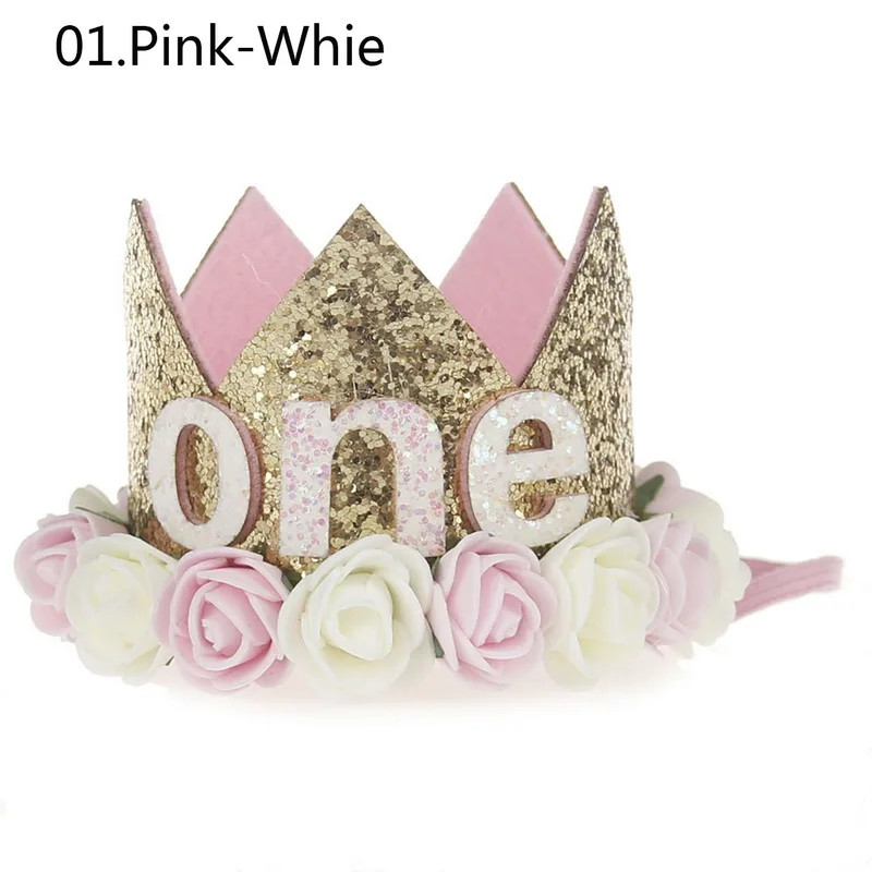 Вечерние шапка с цветком корона для маленьких девочек на день рождения 1, 2, 3 года Принцесса Корона вечерние Головные уборы Детские аксессуары для волос для фотосессии - Цвет: Pink White 1