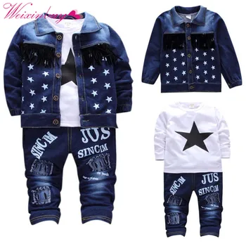 

3PCS Denim Set Baby Boy Clothes Autumn Long Sleeve Star Denim Jacket + Print Letter Jeans Girl Clothes Casual Children Clothing