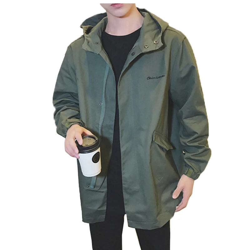 

Army Green Trench Coat Men Korean Style Fashion Clothing Male Hooded Trench Coat Jacket Mens Vintage Windbreaker High Street