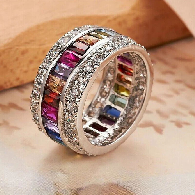 

New Luxury AAA Cubic Zircon Baguette Ring Multi Colors Full Rainbow Pave CZ Stone Ring Wedding Ring Statement Jewelry Z4K627
