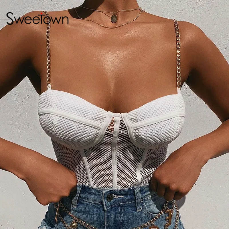 

Sweetown White Solid Transparent Mesh Bodysuit Women Holiday Rave Clothes Strapless Sexy Spaghetti Strap Party Jumpsuit Romper