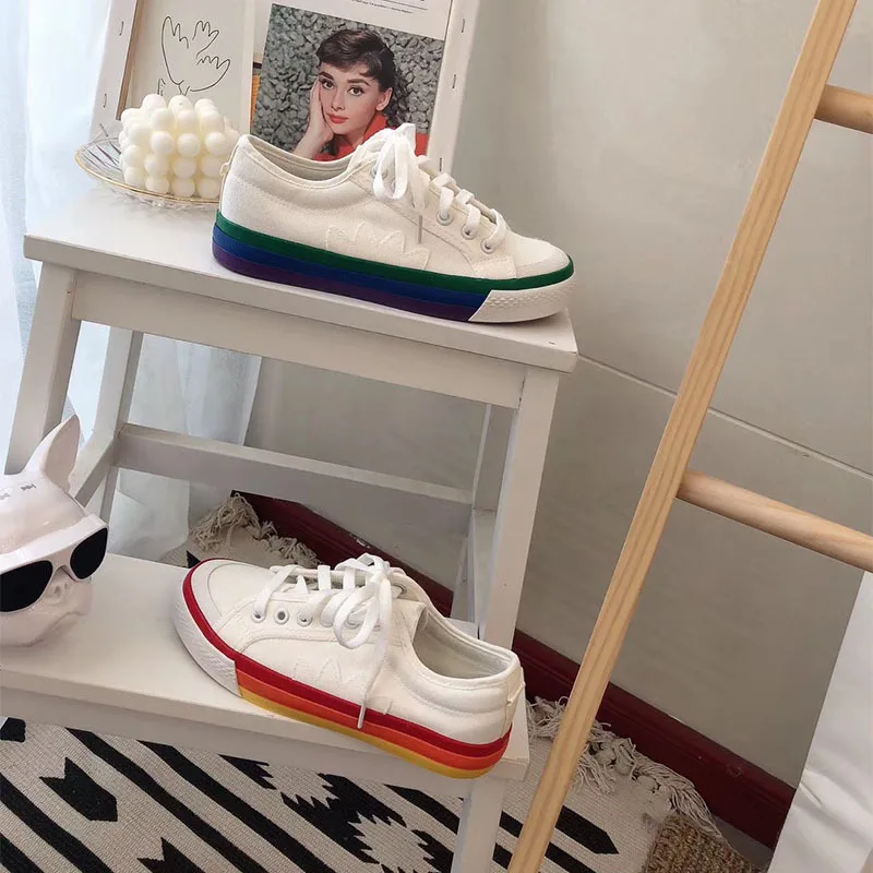 

2019 autumn new fashion simple solid color rainbow shoes women trend comfortable casual flat canvas shoes
