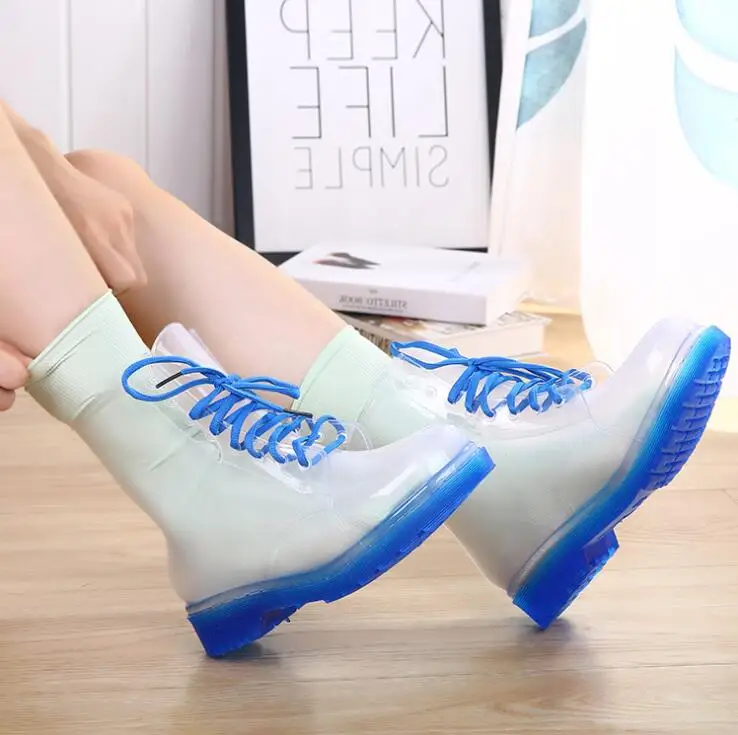 

Fashion Women Transparent Rain Boots Rubber Lace Up Women Ankle Boots Waterproof Casual Comfort Ladies Female Martin Boots Shoes