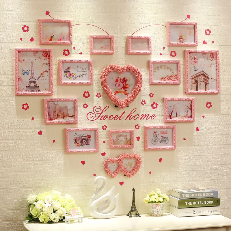 Pink White 15 pcs/set Photo Frames for Picture,Carved Wooden Heart