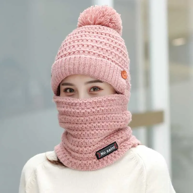 

Girl Warm Ski 2019 New Brand pom poms ball Knitted Hats Scarf Set Winter Women Beanie Hat Balaclava Mask Thick Female Cap