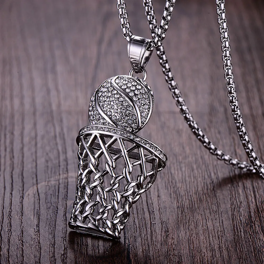 Men's Fashion Basketball Necklaces Stainless Steel Crystal Silver/Gold