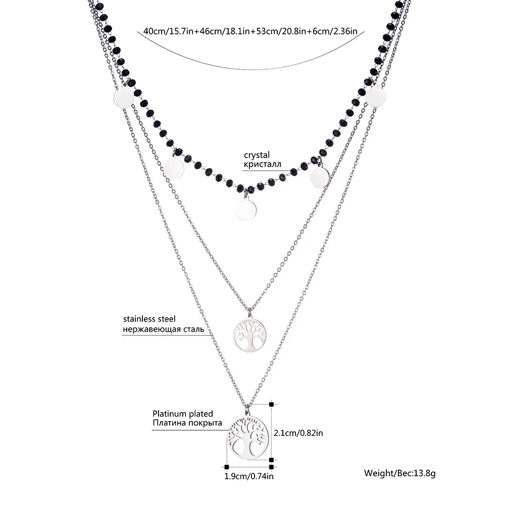 Женское многослойное Ожерелье «Древо жизни», черные Кристальные цепочки, колье, ожерелье, бижутерия из нержавеющей стали, колье, ювелирное изделие, тренд