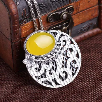 

FNJ 990 Silver Round Pendant Flower Yellow Chalcedony Stone Punk Original Pure S990 Thai Silver Pendants for Men Jewelry Making