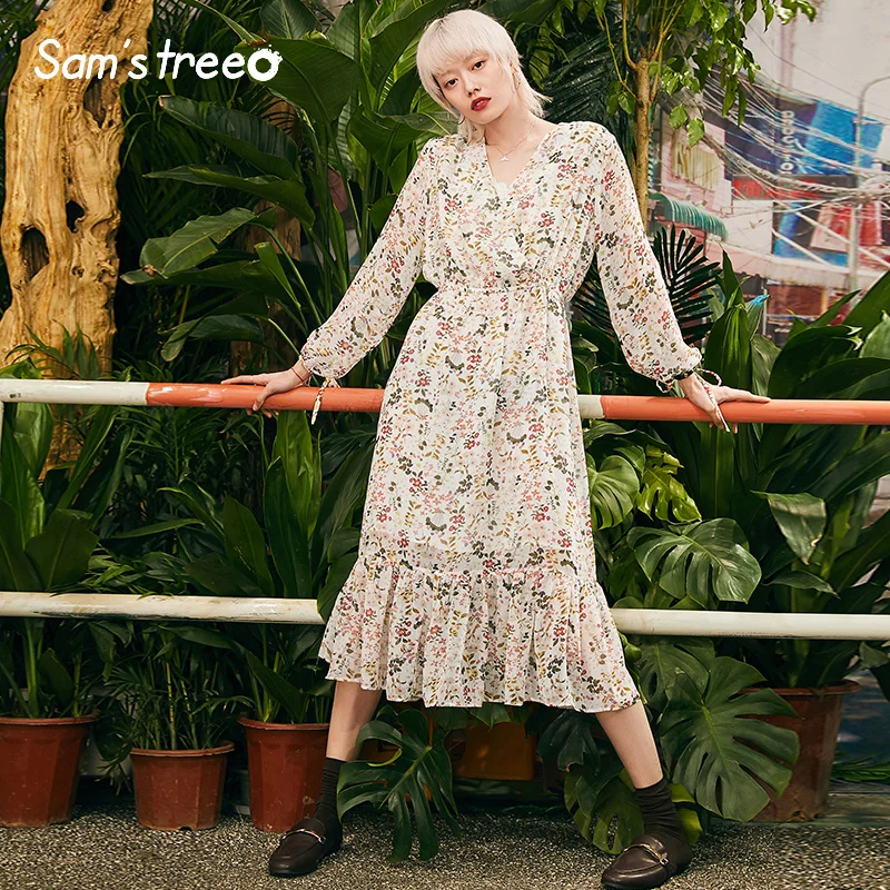 

Samstree Vintage Floral Print Women Chiffon Dresses 2019 Autumn Fashion Sexy V-Neck Long Holiday Dress Elegant Party Dress