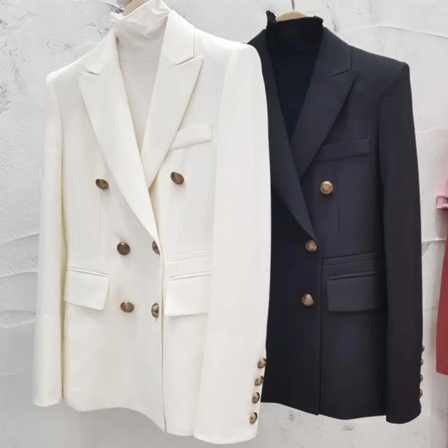

Women 2019 Spring autumn double breasted Fashion Office Ladies Female White Blazer Coat