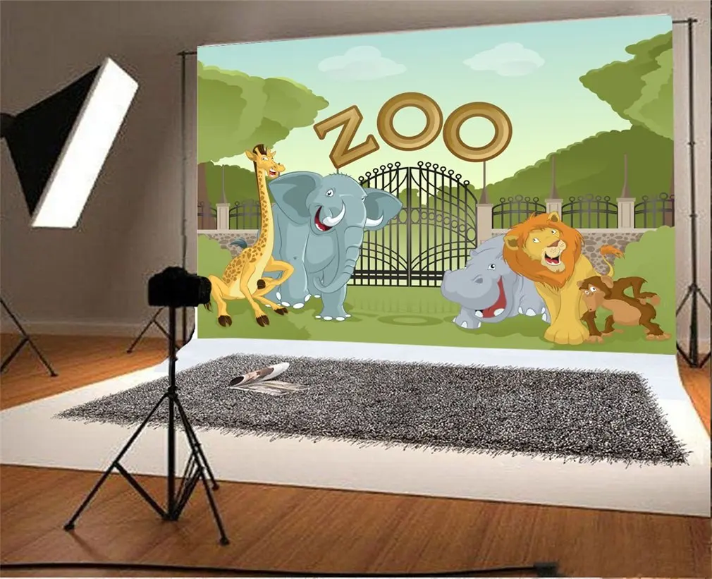 

Photography Backdrop Zoo Cartoon Elephant Giraffe Lion Abstract Tree Blue Sky White Cloud Photo Background