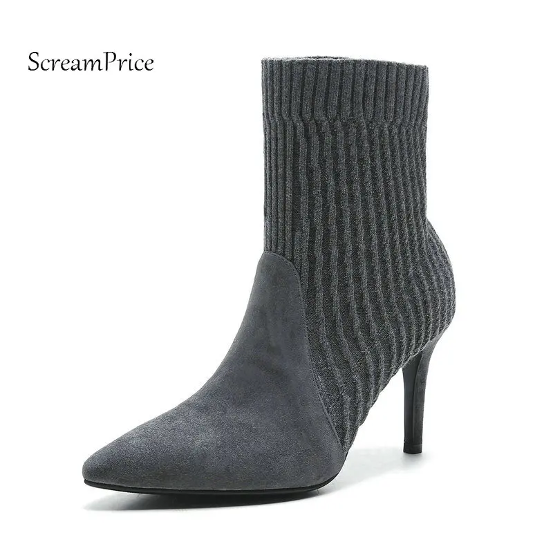 

The New Suede Thin High Heel Slip On Woman Ankle Boots Fashion Pointed Toe Dress Boots Woman Black Gray