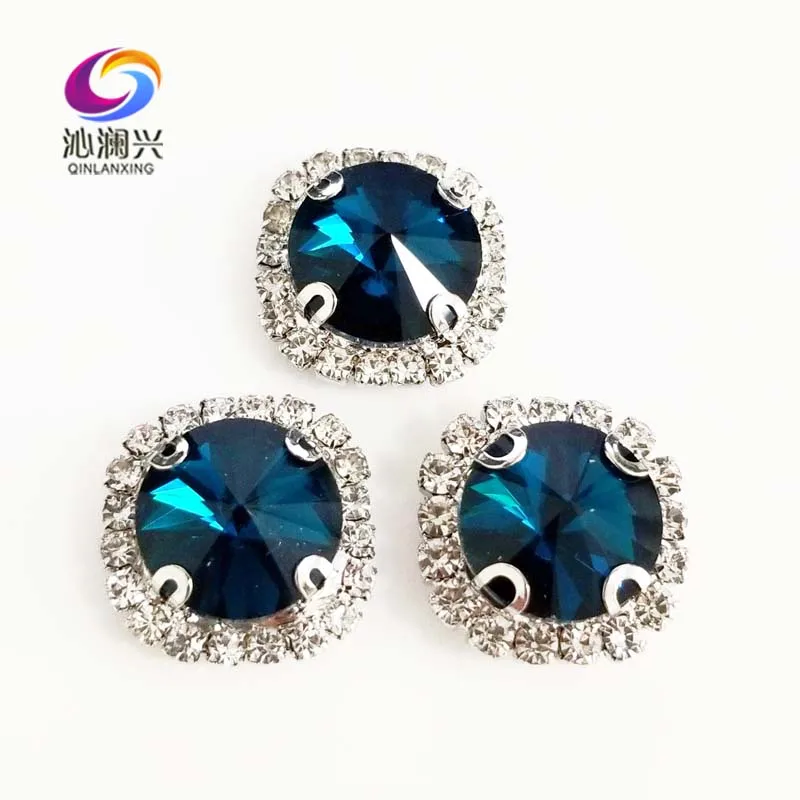 

Round shape top glass crystal rhinestones with hole,Peacock blue Silver bottom sew on stone for Diy Clothing accessories SWWK14
