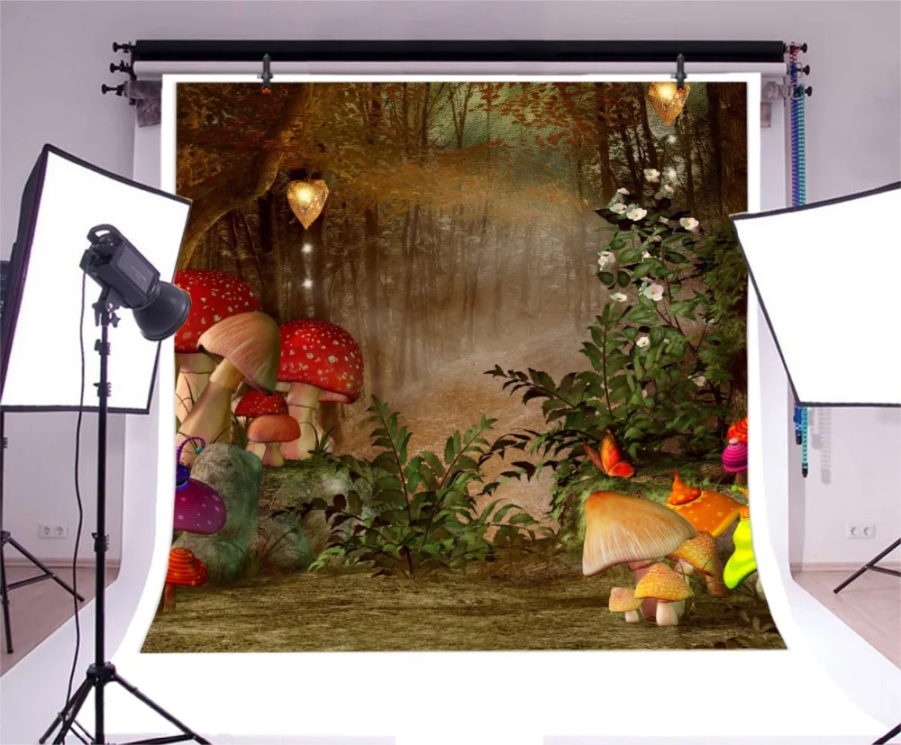 Laeacco Fairy Tale Jungle Mushroom Flowers Baby Party Photography Background Customized Photographic Backdrops For Photo Studio