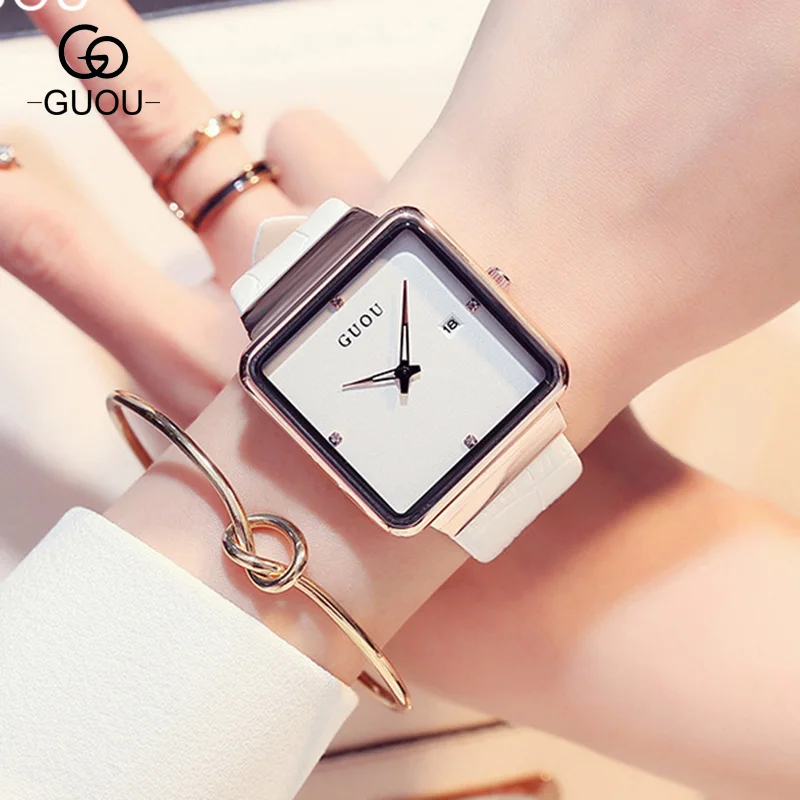

GUOU Women Luxury Square Wrist Watches Women Watches Genuine Leather Watch Clock Montre Femme Relogio Feminino GU003