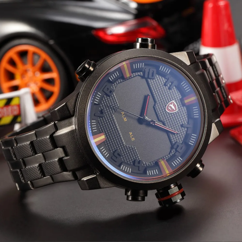 Sawback Angel SHARK спортивные часы с двойным циферблатом, цифровой светодиодный, с датой, стальные Мужские кварцевые часы/SH197202
