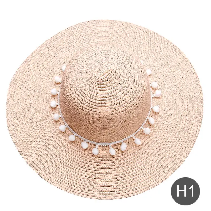 Индивидуальный вышитый текстовый логотип, название Солнцезащитная шляпа для женской летней шляпы белый помпон соломенная шляпа пляжная шляпа женский зонт шапки - Цвет: H1