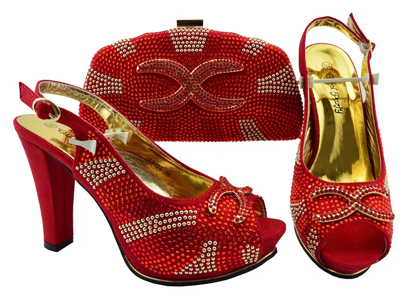 Red full stones shoes and bag set african aso ebi wedding party shoe ...
