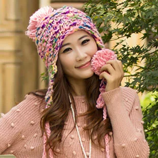 Autumn and winter sweet women's hat color block ear sphere knitted | Аксессуары для одежды