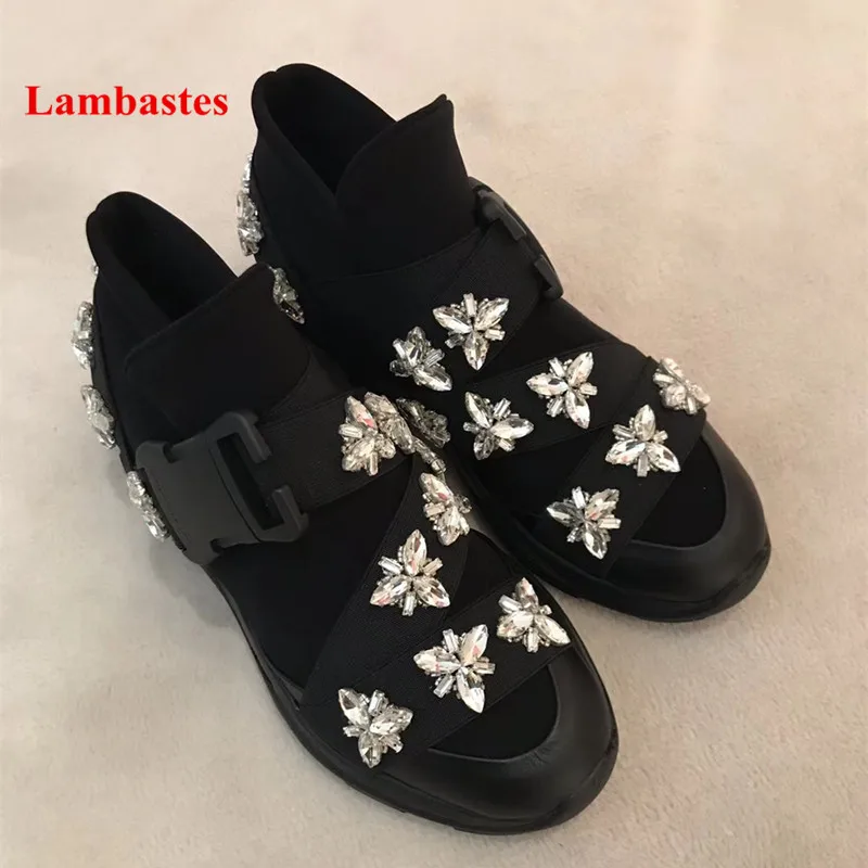 

2018 New Black Crystal Embellished Sneakers Shoes Women Round Toe Slip On Casual Female Flats Stretch Platform Zapatos Planos