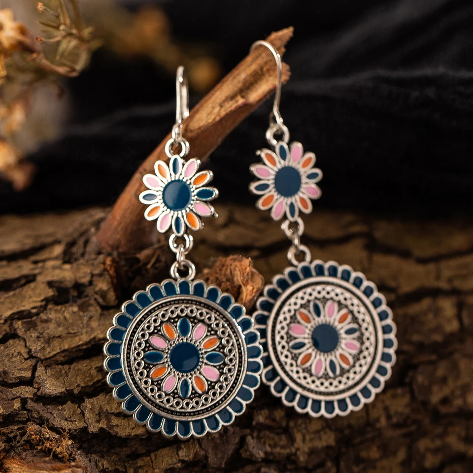 Vintage Ethnic Flower Oil Drop Dangle Hanging Earrings for Women Female 2018 Fashion Lovely Ear Ornaments Jewelry Accessories