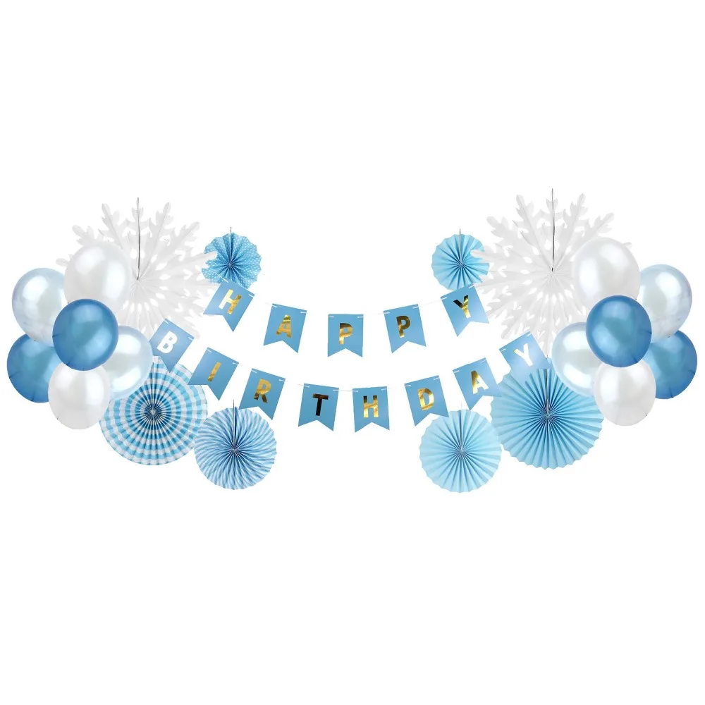

21 pcs Birthday Party Paper Decoration Blue Banner Rosettes Fans Balloons Boy Girl Lovely 1st Birthday Supplies New