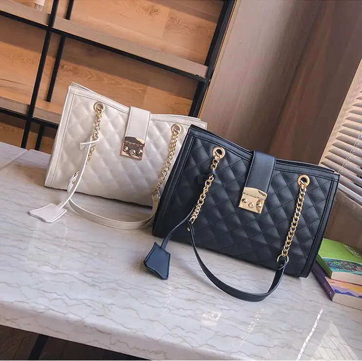 

Women's travel portable bag Lingge embroidery line chain shoulder bag PU soft lock handbag fashion trend large capacity handbag