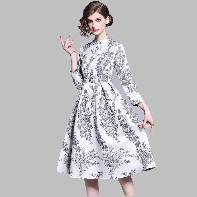 

HAMALIEL High Qualtiy Jacquard Big Swing Dress Spring Vintage White Printing Wrist Sleeve Party Dress Elegant Woman Vestidos
