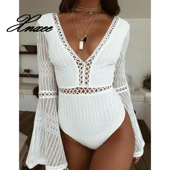 

2020 Women Lace Bodysuit Sexy Deep V-Neck Flare Sleeve Playsuit Romper Ladies Backless Long Sleeve Hollow Out Body Suit Overalls
