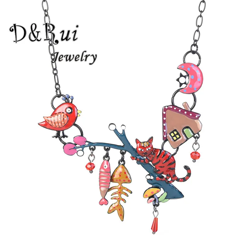

Fashion Woman Pendants Cute Cat Fish Bone Statement Necklace Enamel Charm Link Chain Necklaces Jewelry for Party Black Friday