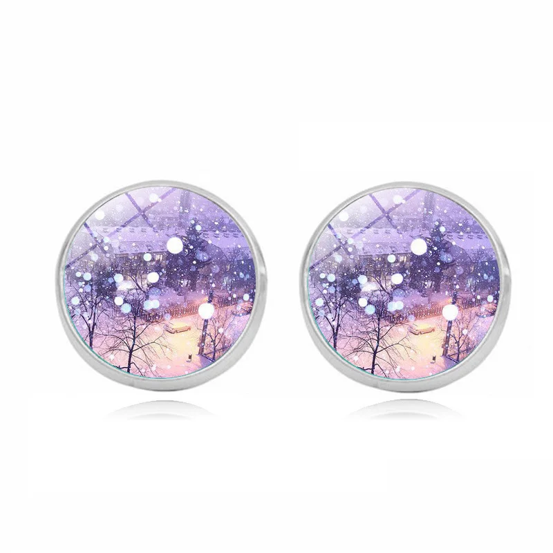 

8Seasons Vintage Silver White Christmas Snowflake Glass Stud Earrings For Women Party Club Round Earrings Fashion Jewelry Gift