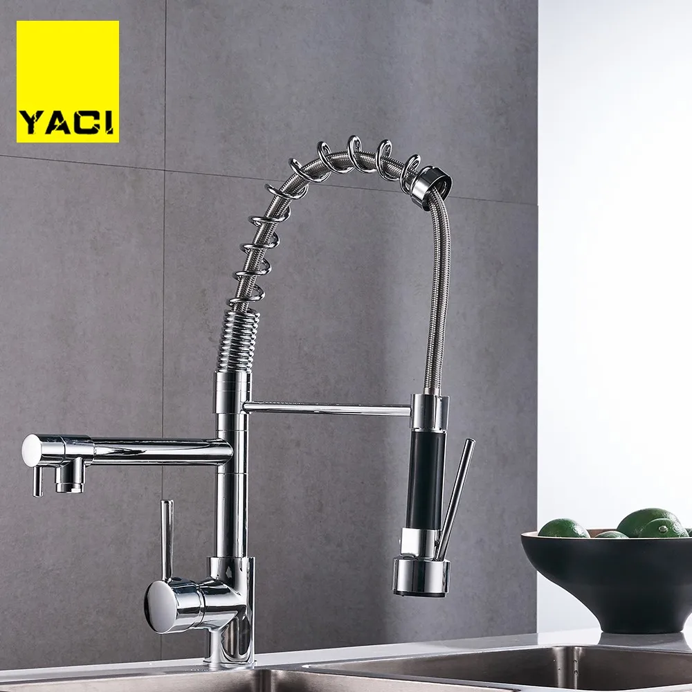 

Chrome Spring Pull Down Kitchen Faucet Dual Spouts 360 Swivel Handheld Shower Kitchen Mixer Crane Hot Cold 2 Outlet Spring Taps