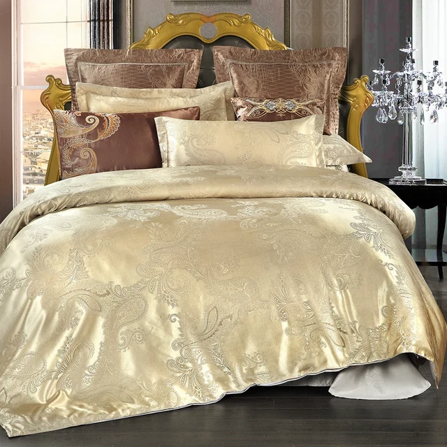 Golden Jacquard Bedding Sets Satin Bed Set 4pcs Duvet Cover Golden Jacquard Bedding Sets Satin Bed Set 4pcs Duvet Cover Bedclothes Good Quality Polyester Sheet