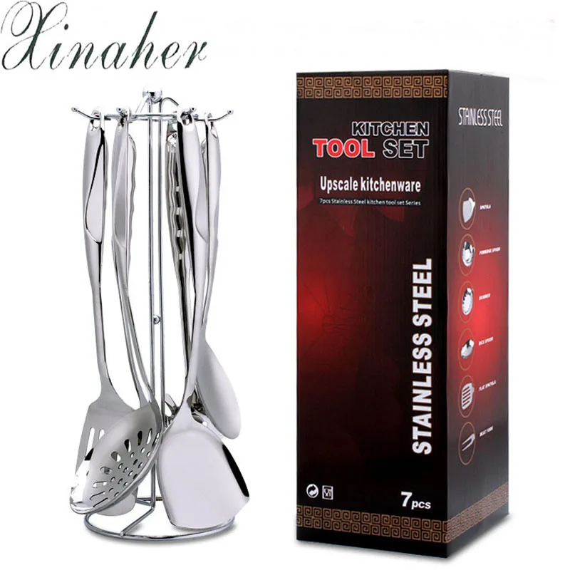 XINAHER 7 Pcs/Set Stainless Steel Kitchen Cooking Tools Set Mirror Polishing Thickening Long