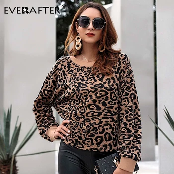

EVERAFTER Vintage Lady Leopard Print Long Sleeve Pullovers Women O-Neck Elegant Loose Sweatshirt 2019 Autumn Winter Female Tops