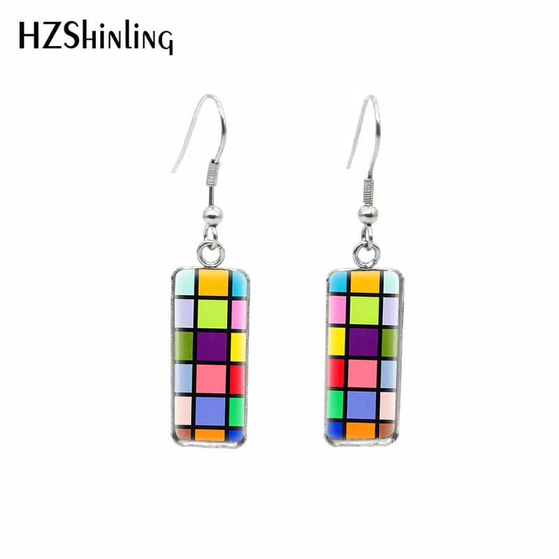 

2019 New Color Checkerboard Rectangular Earring Checker Boards Fish Hook Earring Handmade Glass Dome Jewelry