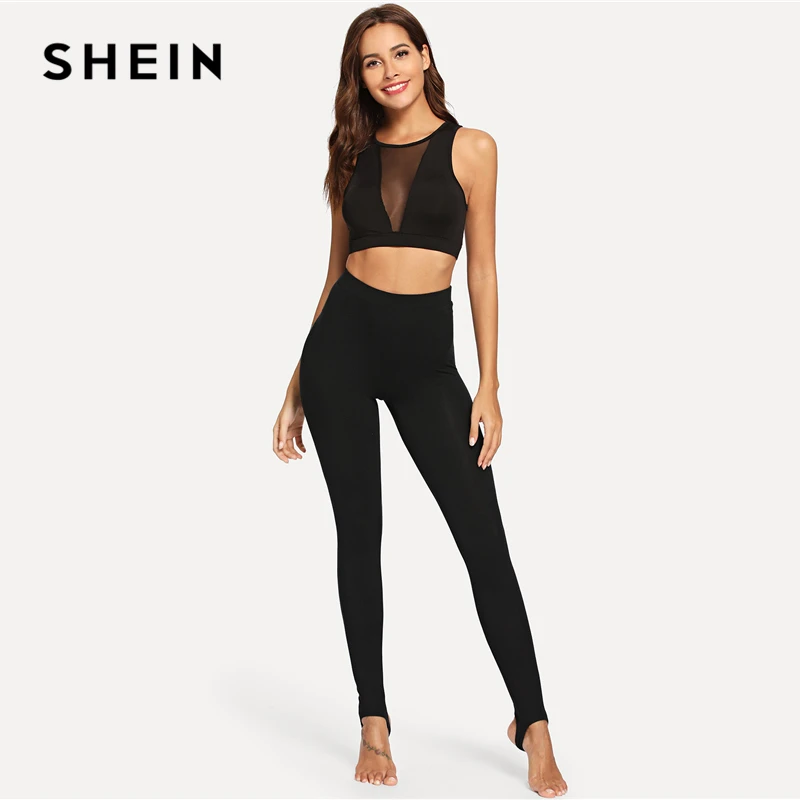 SHEIN Стильные Спортивные Леггинсы, Однотонные Черные Леггинсы