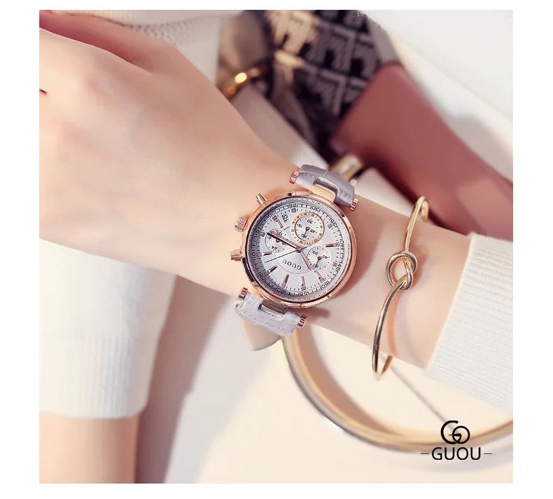 Модный бренд GUOU, женские Роскошные водонепроницаемые часы с шестью контактами и календарем, кожаные кварцевые женские часы, браслет, подарок для девушек, часы