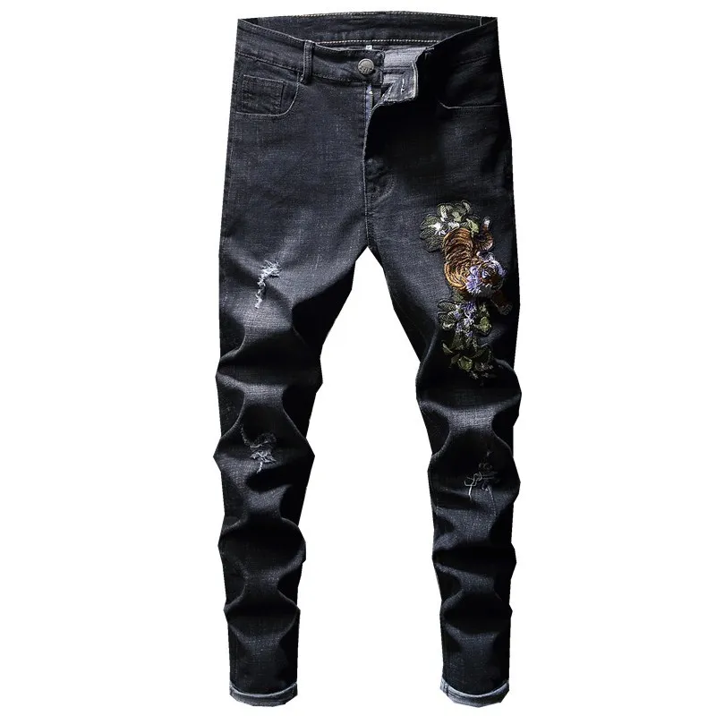 Black Skinny Jeans Men embroidery tiger Stretch Denim Jeans Man Elastic Casual Slim Jean Pants Male Quality Jeans Homme