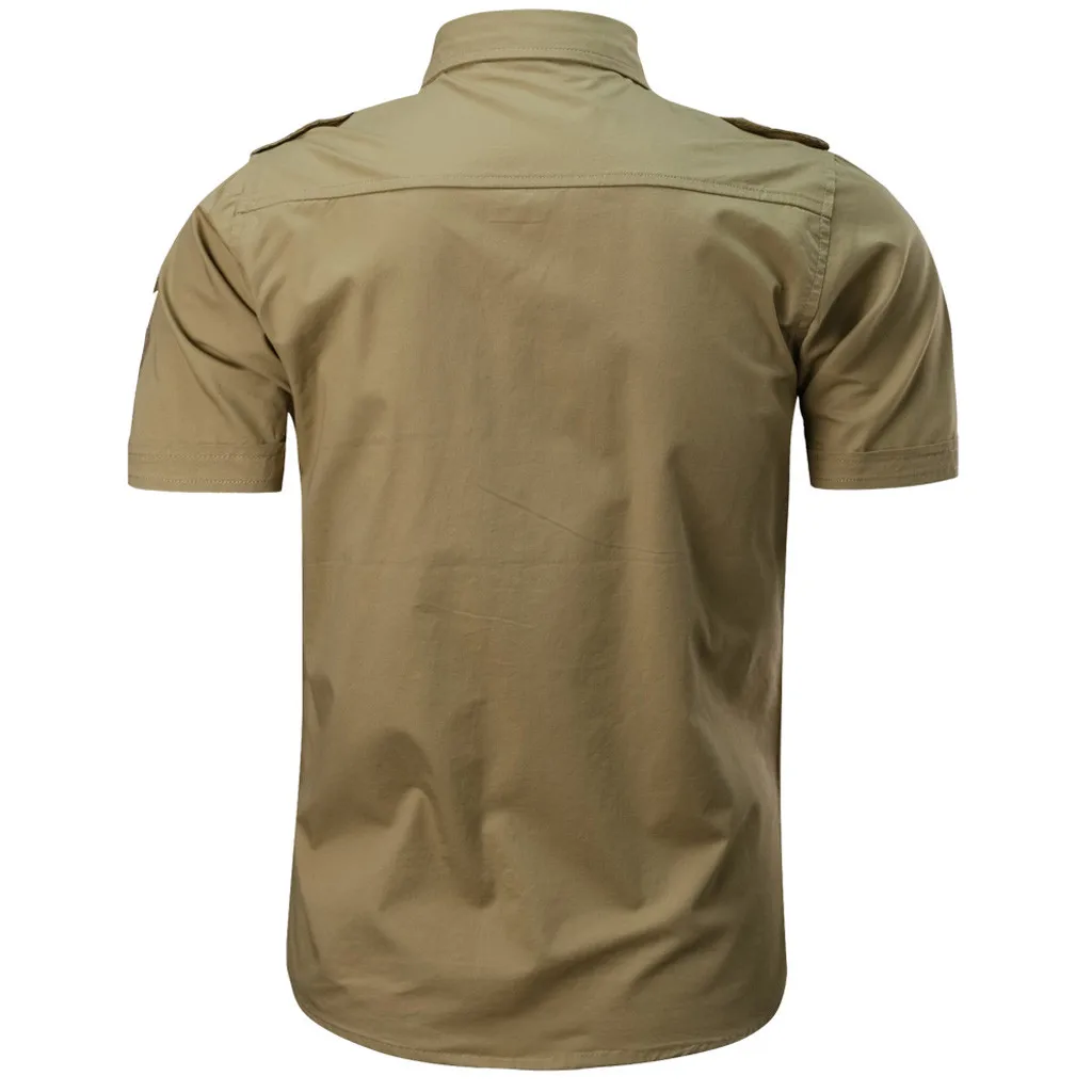 Мужская рубашка, Повседневная, модная, в стиле милитари, однотонная, с карманом, мужская, короткий рукав, Облегающая рубашка, топы, playeras de hombre camiseta