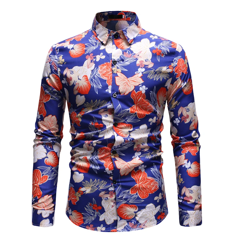 

M-3XL Fashion Trend Men Black Blue Cotton Floral Print Shirt Men's Casual Large Size Lapel Long-sleeved Slim Shirt 2019 Spring